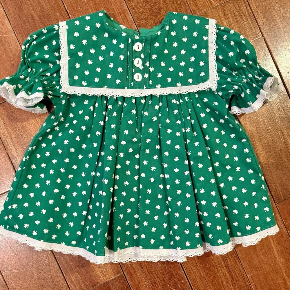 VTG 80s Handmade St. Patrick's Day Dress Baby Girl Green Clover Shamrock Cottage